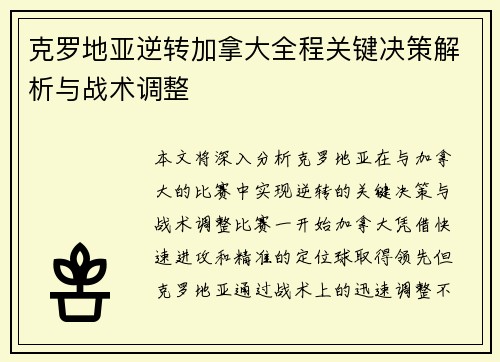 克罗地亚逆转加拿大全程关键决策解析与战术调整